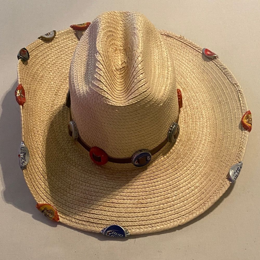 Sun Body Tan Straw Hat Houston with Bottle Cap Accents 6 5/8